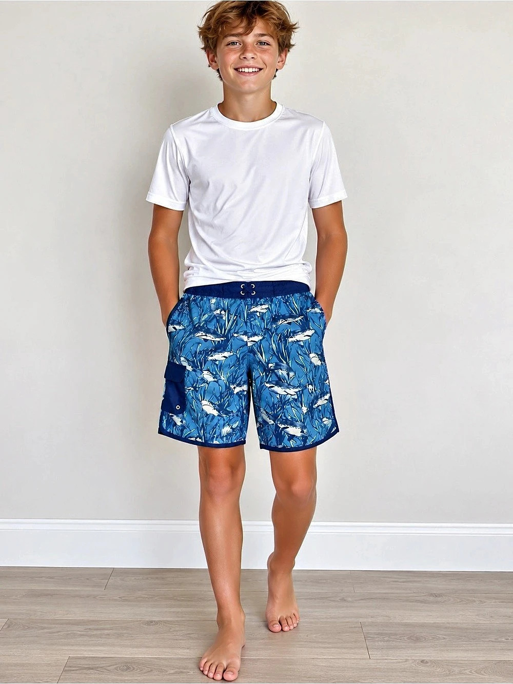 CAT & JACK Boys Shark Print Swim Trunks Bathing Suit Blue XL (16)